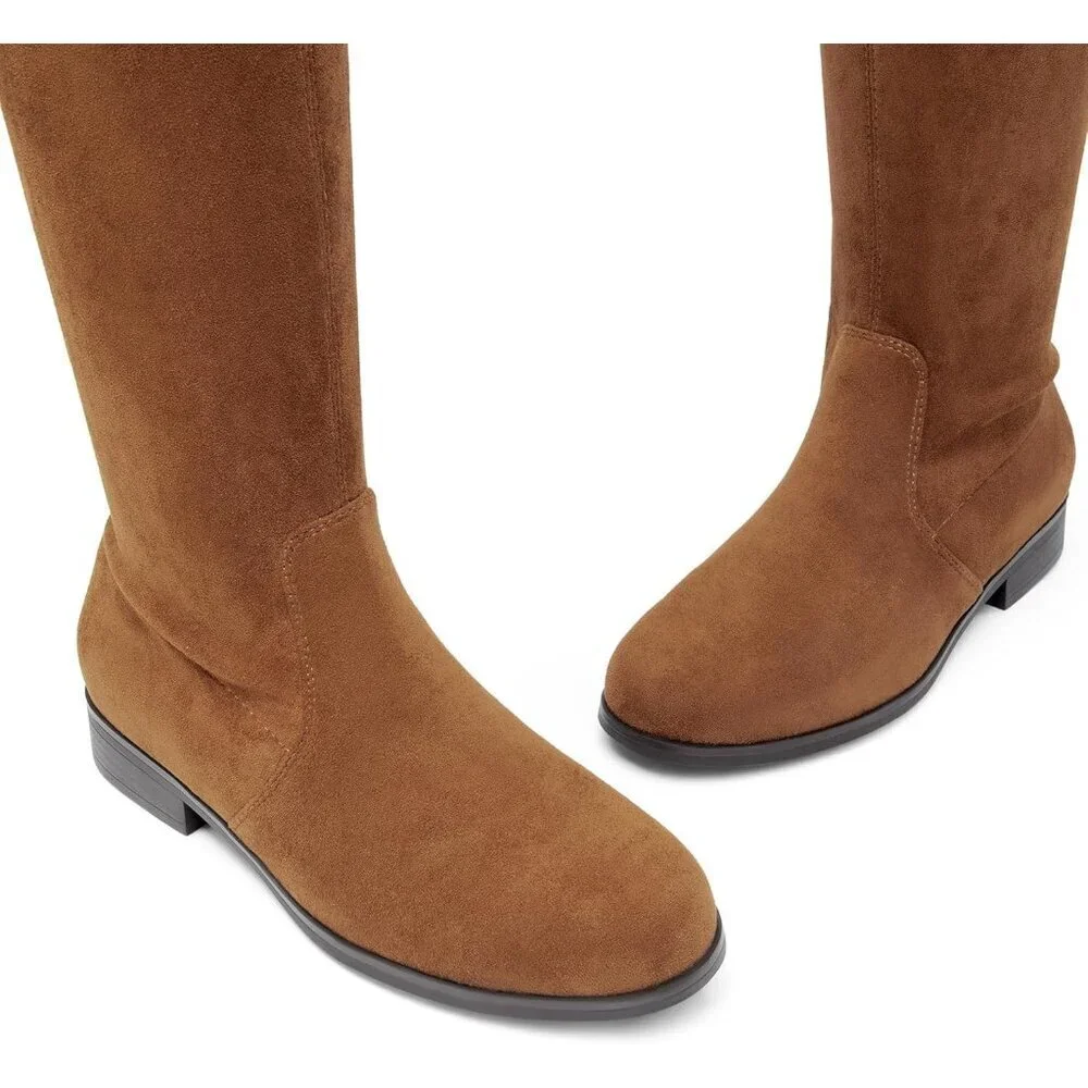 Women's Tan-suede Thigh High Low Block Heel Casual Fashion Over the Knee Boots